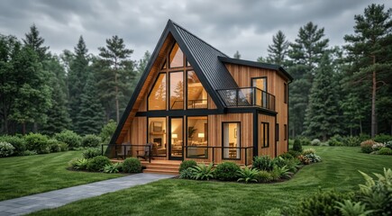 Obraz premium Cozy A-Frame Cabin With Glass Facade and Fireplace Nestled in Pine Forest at Dusk