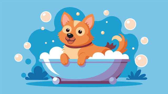 Cute dog enjoys bath time in a bubbly tub with blue background and green plants in the scene