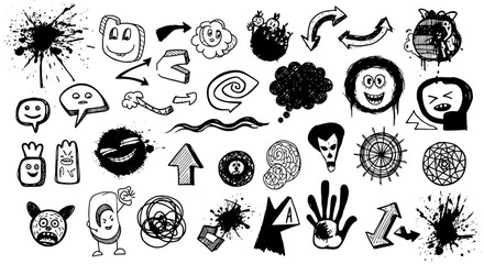 Obraz premium Doodle icons set with various abstract and emotional designs featuring emotions, hand-drawn, black and white with grunge and artistic elements for