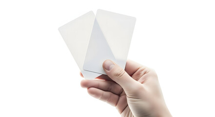 Fototapeta premium A hand holding blank white cards on a plain background