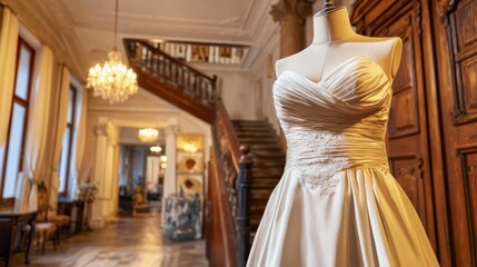 Fototapeta premium Elegant Evening Dress Displayed on Mannequin in Grand Hall of Mansion