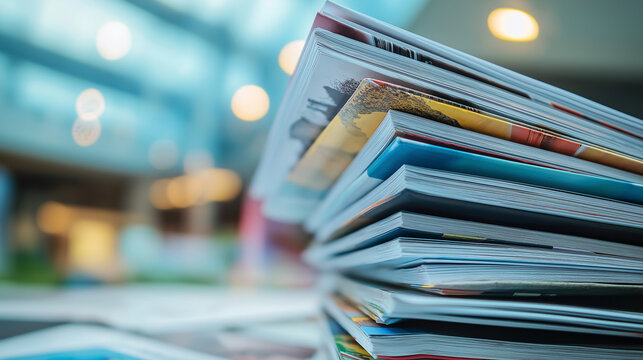 Stack of magazines in modern indoor setting with soft light