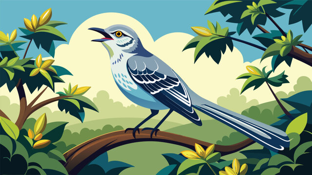 Bird sings on a branch surrounded by green leaves and blue sky in the afternoon sun