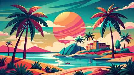 Fototapeta premium Colorful sunset over a coastal scene with palm trees, water, and a house on a distant shore