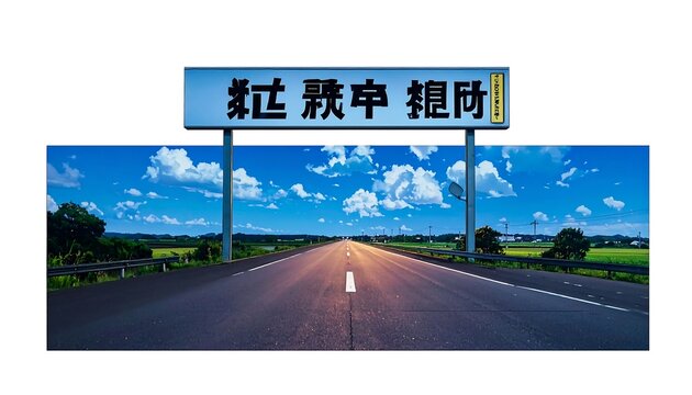 A long road stretches towards the sunset beneath a cloudy blue sky, with a sign in foreign writing overhead