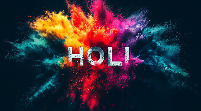Holi Festival: A vibrant explosion of colors forms a captivating backdrop for the word Holi, symbolizing the joyous spirit and cultural celebration of the festival.