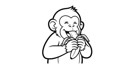Fototapeta premium Cute cartoon monkey enjoying a delicious banana in a simple black and white line art illustration perfect for coloring books or icons.