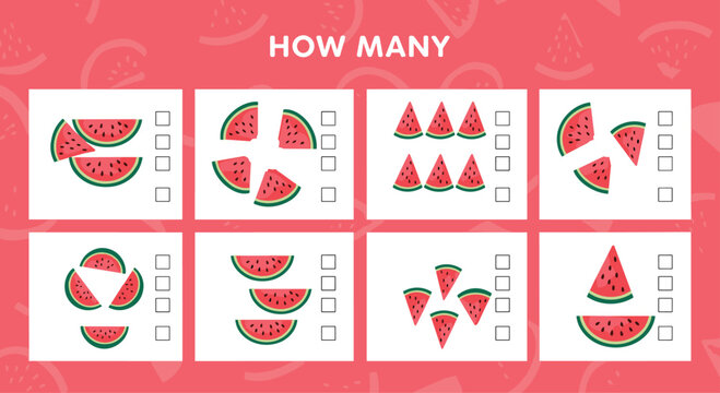 Educational math worksheet for kids featuring watermelon slices with the question how many to teach counting and basic arithmetic skills.
