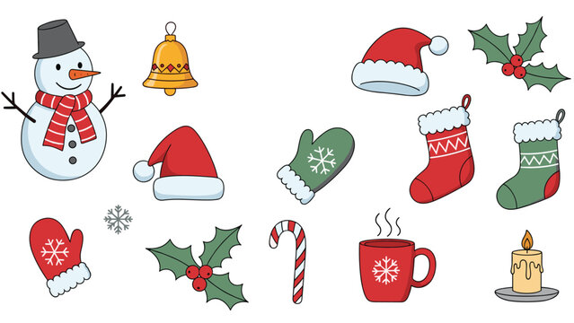 Festive Christmas holiday icons set featuring traditional elements like a snowman, Santa hats, stockings, mittens, and holly for seasonal decor.