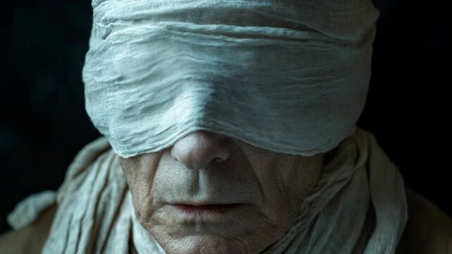 Senior person with cloth over eyes, symbolizing censorship, despair, or being held captive