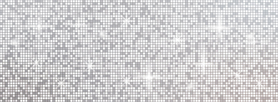 Silver sequin mosaic texture background. Disco ball pattern. Glittering mirror tiles with light effects. Seamless nightclub bg.