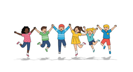 Fototapeta premium Group of multiethnic happy children jumping and holding hands together in celebration of global unity and friendship on white background.