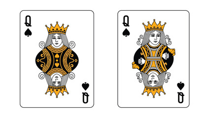 Obraz premium Pair of Queen of Spades playing cards displayed side-by-side featuring the classic royal figure with a crown and traditional black and gold attire.