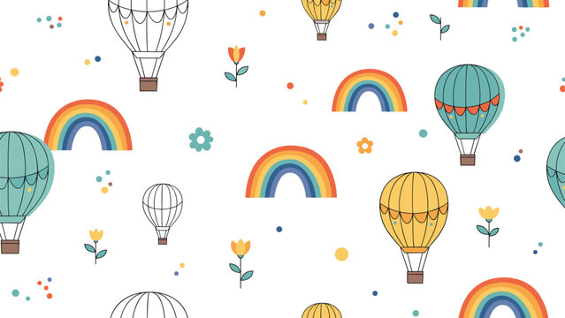 Seamless pattern with hot air balloons, rainbows, flowers, and dots on white background for nursery room decoration and kids textile prints.