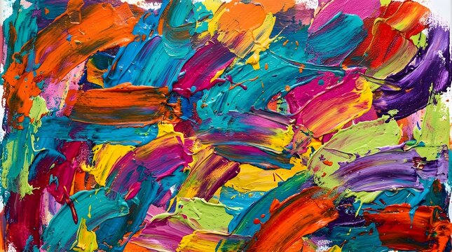 Abstract colorful background with visible brush strokes, vibrant acrylic paint texture, rough edges, layered colors, hand-painted effect, Photoshop brush style, high detail, artistic composition