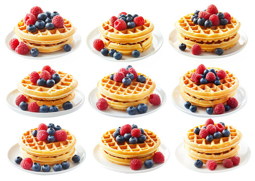 Stack of golden waffles topped with raspberries and blueberries, isolated on white background, concept of breakfast