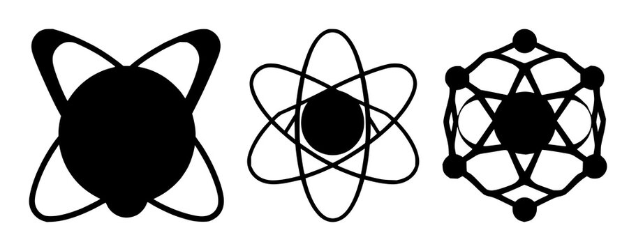 Quantum computing qubit atom set with solid black icon on white background featuring qubit, atom, quantum mechanics with iconography and vector graphics