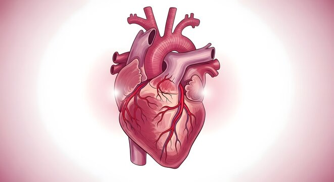 Anatomical illustration of a human heart with vessels valves and chambers in pink background