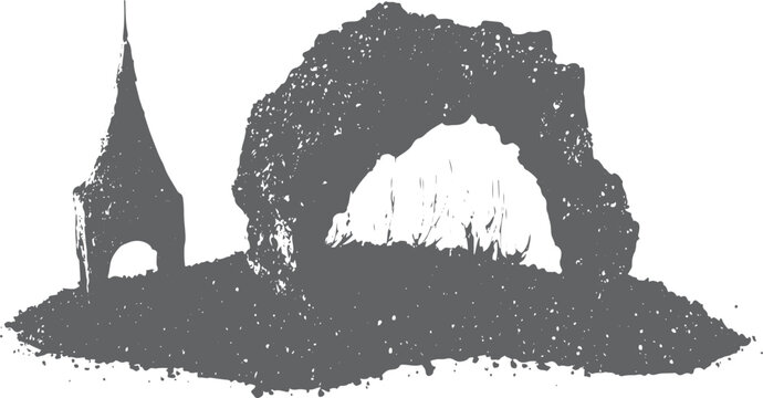 Grey silhouette of a stone archway and a small church tower on a textured ground surface