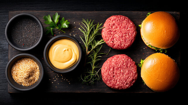 Burger components with herbs on dark wood.