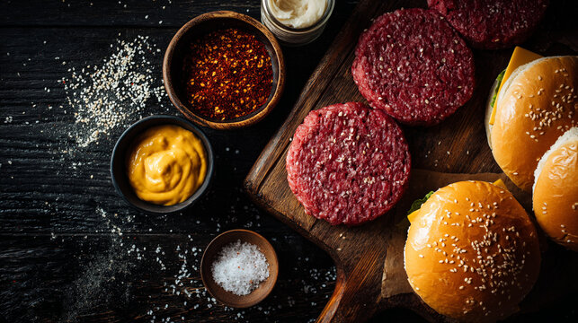 Raw burger patties and buns on dark wood.