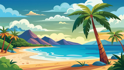 Fototapeta premium Sunny beach scene with palm trees and mountains by the water at evening time with blue sky and clouds in the background
