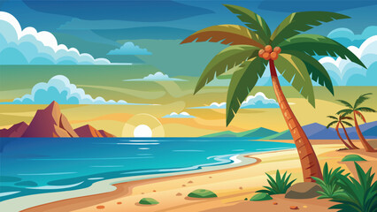 Fototapeta premium Sunset over the beach with palm trees and mountains in the background near the ocean shore