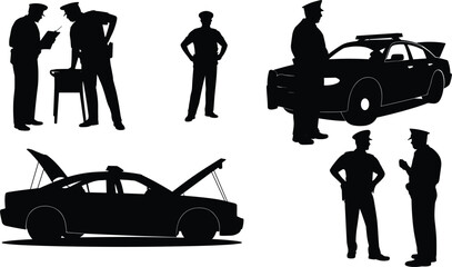 Police officers silhouettes set, law enforcement with patrol car and inspection scene vector illustration isolated © MdSayed