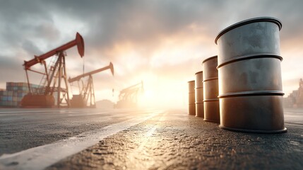 Obraz premium Oil Barrels at a Busy Port Dock During Global Trade Operations