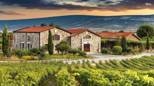 Stone Winery Facility Under Expansion With Lush Vineyard Landscape