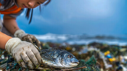 Woman gently holds a fish near ocean waste. Her gloves are muddy, showing her effort. The sea behind her is calm, with distant waves. The fish looks alive, eyes reflecting the sky