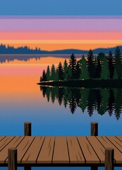 Obraz premium Generated ai: Serene Minimalist Lake Sunset with Pine Forest and Wooden Pier Reflection