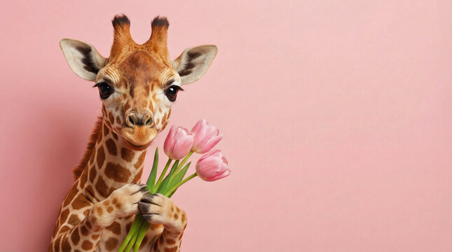 Baby giraffe holding tulips, cute safari animal portrait on soft pink background, mothers day valentines day love concept, romantic gift idea, spring holiday greeting card