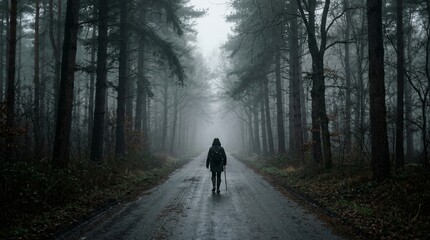 Fototapeta premium Lone hiker walks on misty forest road with backpack and trekking pole