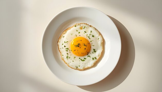 A fried egg on a white plate with green herbs sprinkled on top, set against a clean background