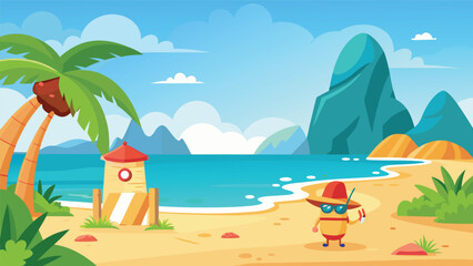 Obraz premium Fun day at the beach with a colorful character enjoying the sun and sea near palm trees and mountains