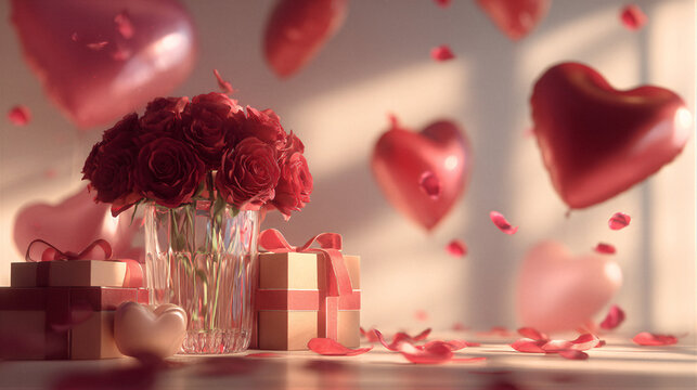 Red rose bouquet in crystal vase with heart balloons and gifts for 520 Valentine's Day background. Golden hour, warm tone, shallow depth of field, copy space. Lifestyle photography for advertising.