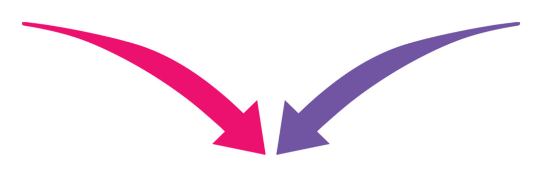Flechas curvas convergentes en colores rosa y morado, gr&aacute;fico vectorial de punteros din&aacute;micos, iconos de direcci&oacute;n enfrentados