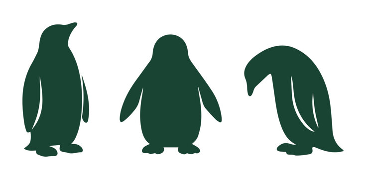 Siluetas de ping&uuml;inos en color verde oscuro, conjunto de tres iconos de aves ant&aacute;rticas, gr&aacute;ficos vectoriales de fauna silvestre para dise&ntilde;o