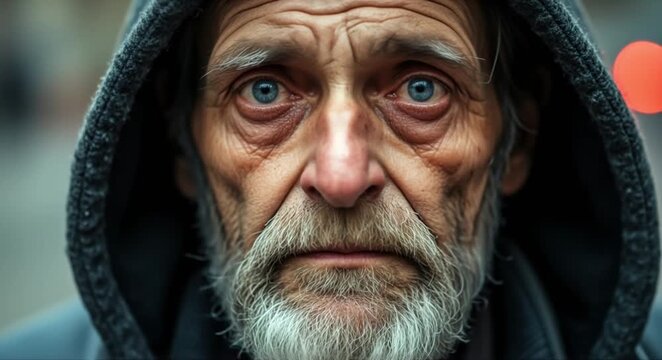 Elderly man with weathered face and piercing blue eyes, hooded against the elements.