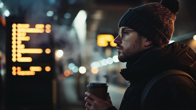 Man with coffee cup waits at illuminated train station at night, looking thoughtfully at departure board.