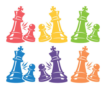 Ajedrez de colores vibrantes, conjunto de iconos de rey y pe&oacute;n en formato EPS, ilustraci&oacute;n vectorial de estrategia y competencia