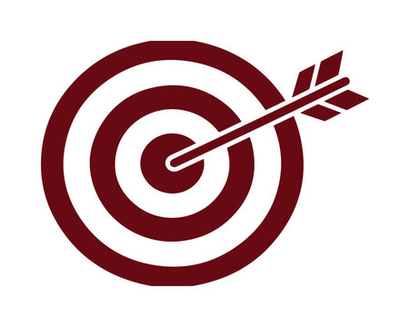 Icono de diana con flecha en el centro, s&iacute;mbolo de objetivo y &eacute;xito empresarial, gr&aacute;fico vectorial de punter&iacute;a en color granate para marketing