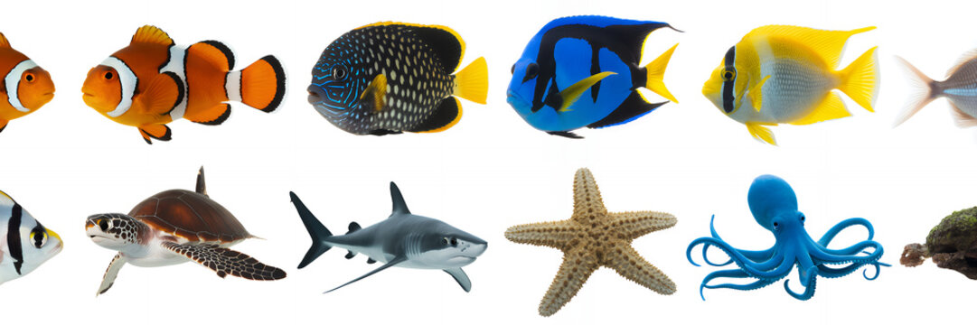Colorful fish and sea creatures on white background ocean aquatic
