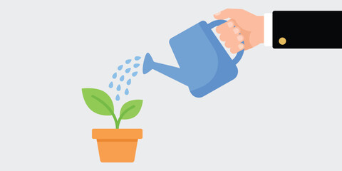 Nurturing Growth: A hand carefully waters a small, vibrant sprout in a pot, symbolizing the nurturing of fresh, new beginnings and the power of growth. © Gwith Boss