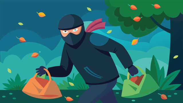 Person in black clothing carries bags while walking through a park with trees and scattered leaves during evening time