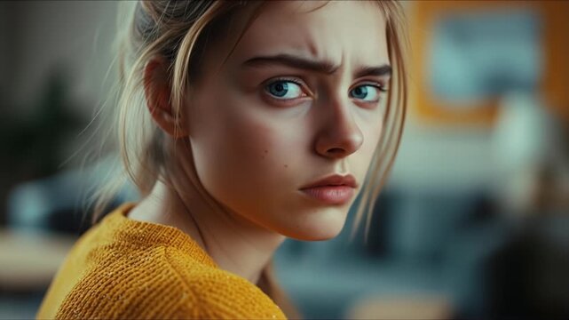 Young woman with intense gaze and furrowed brow, looking over her shoulder with concern