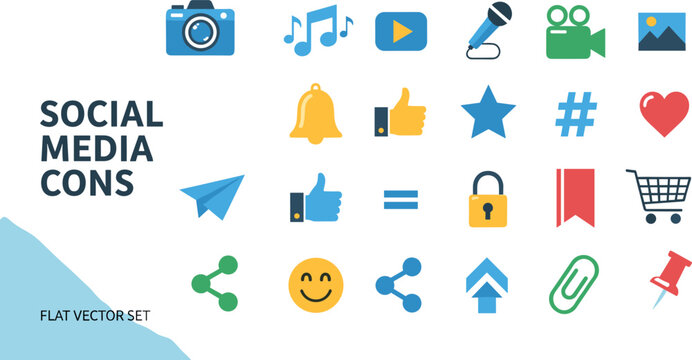 Social media flat icon set featuring like share hashtag video camera notification and communication symbols for apps