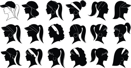 Black silhouette set of woman head profiles featuring various hairstyles with baseball caps, sun visors, headbands, and large hoop earrings for beauty and fashion icons. © Mst