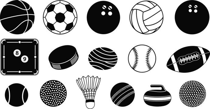 Large black and white silhouette set of various sports equipment icons including basketball, soccer, bowling, volleyball, baseball, rugby, hockey puck, and shuttlecock for athletic design.